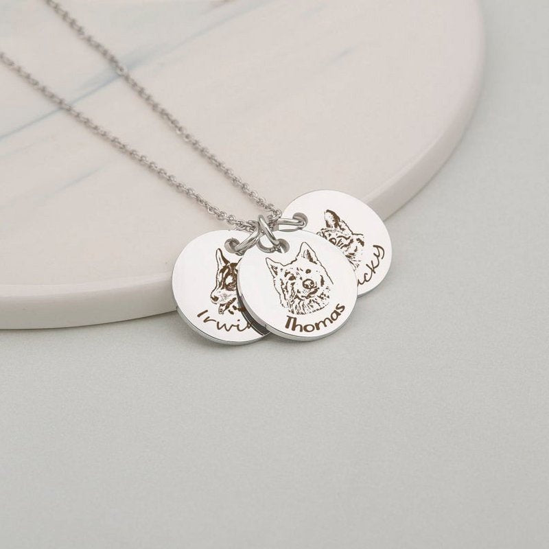 Personalized Pet Necklace with Engraved Discs - Stainless Steel Dog & Cat Portrait Jewelry
