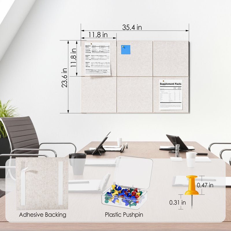 Large Cork Board for Wall 36x24 Inches with Felt Tiles & Pushpins - Light Tan Bulletin Board Pack