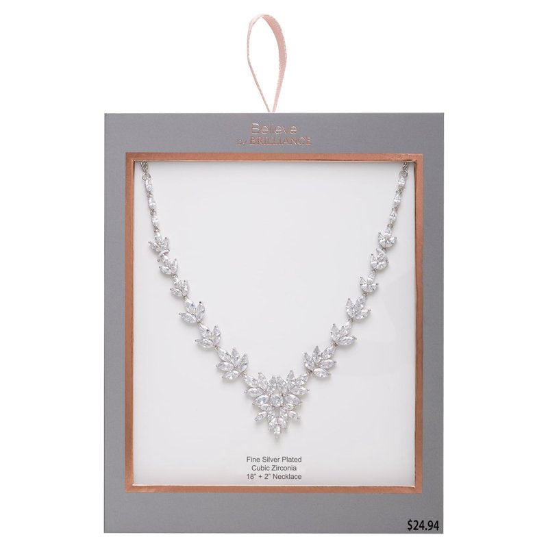 Sterling Silver and Cubic Zirconia Leaves Necklace - 18 Inch with Extender