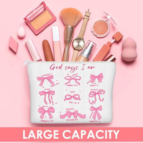 Reginary 9 Pcs Christian Bow Makeup Bags for Women Pink Coquette Bow Bible Verse Toiletry Cosmetic Bag for Inspirational Christian Gifts Religious Faith Based Favors