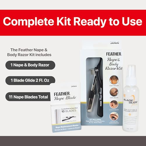 Feather - Nape and Body Razor Kit ? Professional Use Hair Cutting Tool - Includes Nape Razor, 10 Nape Blades & 2 oz Blade Glide ? Ideal for Nape, Sideburns, Eyebrows, and Bikini Line ? Made in Japan
