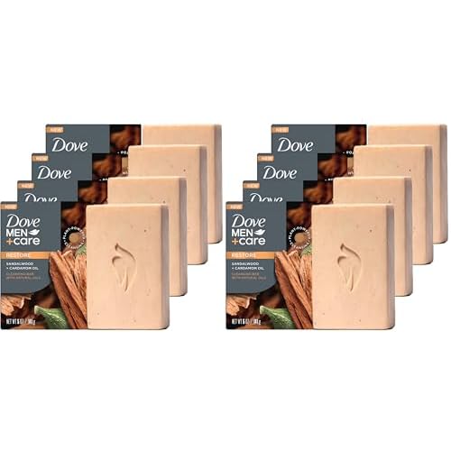 DOVE MEN + CARE Cleansing Bar Soap Sandalwood + Cardamom Oil to Rebuild Skin in the Shower,a 4in1 Hair,Body,Face & Shaving Bar with Plant-Based Cleanser and Natural Oils 5 oz,(Pack of 8)