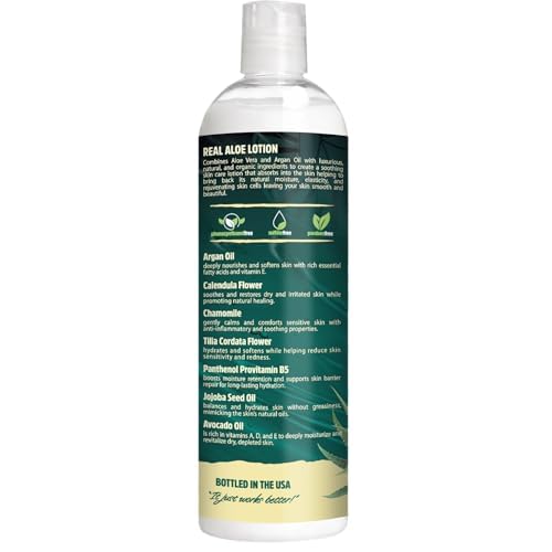 Real Aloe Aloe Vera Lotion (16 fl oz) | Organic Aloe for Face, Body & Hands | Lightweight, Fast-Absorbing Moisturizer | Non-Greasy Hydration for Dry & Sensitive Skin | Made in USA