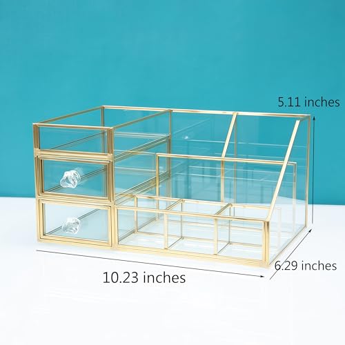 JIARI Glass Makeup Organizer with Drawer, Gold Frame Jewelry Display Box, Nordic Style Cosmetic Storage for Vanity Bathroom Bedroom Office, 10.23x6.29x5.11 Inches (Storage Box-A32)