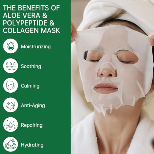 Pack of 10 Collagen Face Mask, Aloe Vera Polypeptide Collagen Facial Masks Skincare, Moisturizing Facial Sheet Mask for Acne, After Sun, Claming, Anti-Aging and Anti-Wrinkle