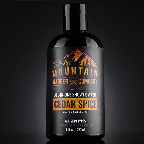 Rocky Mountain Barber Company Cedar Spice All-In-One Body Wash ? Shampoo, Body Wash, Conditioner, Face Wash & Beard Wash with Essential Oils - 8 oz