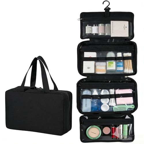 4-Layer Foldable Hanging Toiletry Bag ? Large Capacity Travel Organizer with Dry-Wet Separation, Portable Toiletry Kit for 3-5 People (Black)