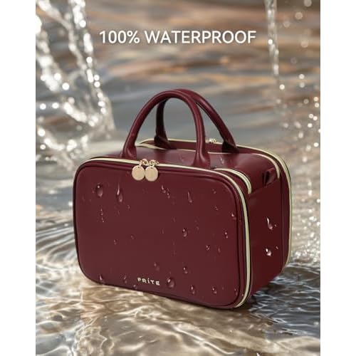 Prite Travel Makeup Bag Women¡¯s Large Capacity Waterproof Cosmetic Organizer Portable Open Flat Toiletry Case with Free-standing Brush Holder and Handle(Burgundy Large)