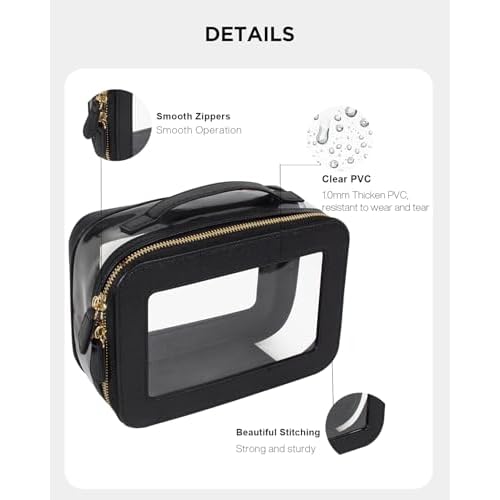 Clear Makeup Bag Set, Small Portable Clear Makeup Bag Cute Waterproof Travel Cosmetic Bag Makeup Pouch TSA Approved Toiletry Bag Women Traveling Car Organizer Car Essentials (Black, Standard + Mini)