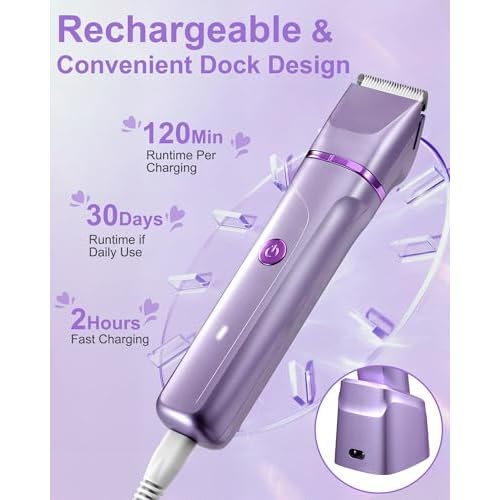 Bikini Trimmer for Women, Electric Razor for Pubic Hair, Women's Foil Shaver,Rechargeable Shaver Removal with Snap-in Ceramic Blades,IP7X Washable Head,Wet and Dry Use,Purple