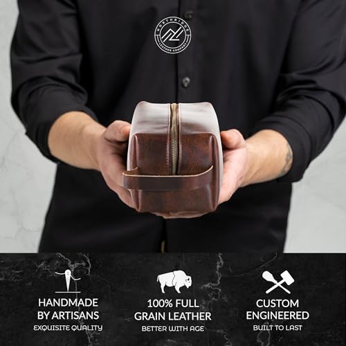 Premium Leather Toiletry Bag For Men - Travel Bag, Shaving Kit Bag & Toiletry Organizer - Full Grain Leather (Double Zip, Antique)