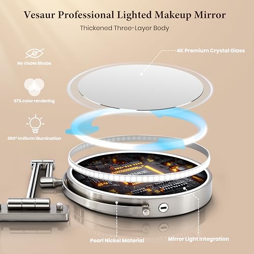9" Large Wall Mounted Lighted Makeup Mirror, 5000mAh Rechargeable 1X/15X Magnifying Mirror with 3 Color Lights Touch Dimmable, Extended Arm 360¡Æ Rotation Bathroom Wall Mounted Makeup Mirror, Nickel