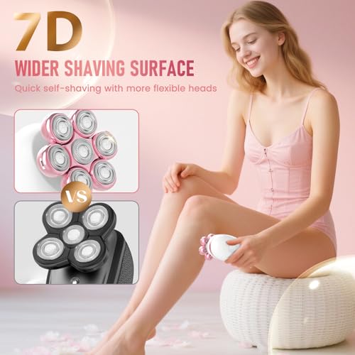 Electric Razors for Women, 7D Rotary Shaver for Legs Bikini Rechargeable, Wet/Dry Hair Removal Kit for Whole Body, Cordless Lady Trimmer Groomer, Wider Shaving Surface, Peach