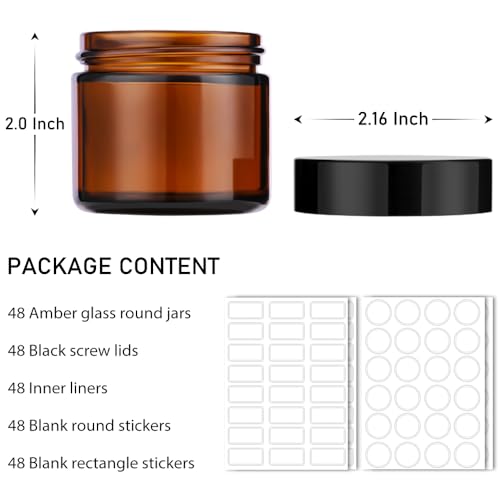 2 oz Glass Jars with Lids, 48 Pcs Bumobum Small Amber Glass Candle Jars with Black Lids, White Labels & Inner Liners, Empty Round Cosmetic Containers for Cream, Lotion, Slime, Ointments