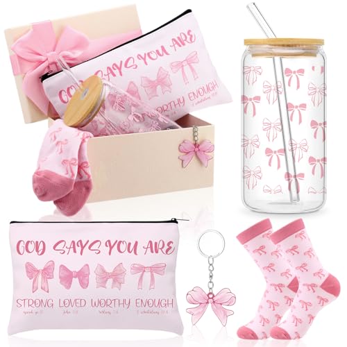 Boao 5 Pcs Pink Coquette Gift Set with Glass Cup, Socks, Cosmetic Bag Keychain Coquette Stuff Thank You Gift Box for Girls Women