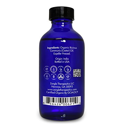 Organic, Castor Oil, Therapeutic Grade, for Constipation ? 100% Pure, Castor Oil, Cold Pressed, Unrefined, in Glass Bottle, for Face, Hair Growth, Eyelashes, by Zongle Therapeutics, 4 OZ