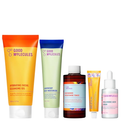 Good Molecules Daily Skincare Routine Set with Hydrating Cleanser, Niacinamide Toner, Hyaluronic Acid Serum, Moisturizer, Eye Gel, 5 Pieces