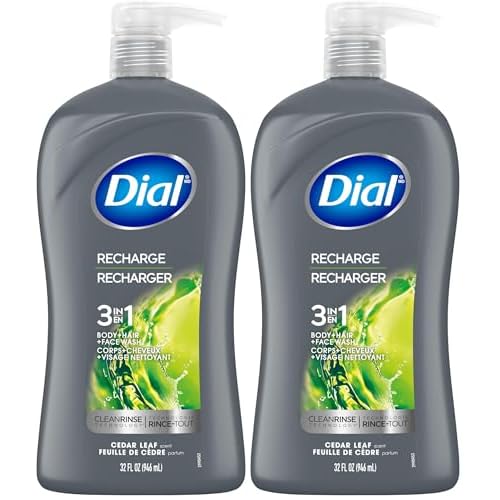 Dial Men 3 in 1 Body, Hair and Face Wash, Recharge, 32 Fl Oz, Cedar Leaf Scent, Cleanses Deep + Gentle on Skin with Clean Rinse Technology (Pack of 2)
