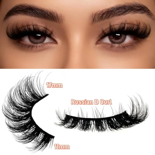 Eyelashes Wispy Lashes Strips - Russian D Curl Strip lashes, 3D Volume Mink Eyelash for Dramatic Look, 7-Pairs Fluffy False Eyelashes
