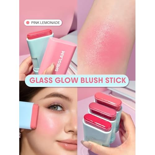 SHEGLAM Glass Glow Blush Stick Cream for Cheek and Lip, Waterproof Hydrating Tinted Solid Moisturizer Blendable Natural Grow Nude Face Blush Makeup-Pink Lemonade