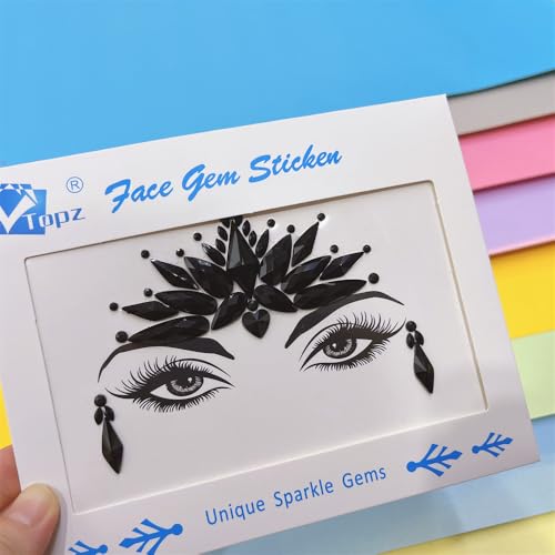 Topz Black Face Jewels Stickers, Self-Adhesive Face and Body Gems for Halloween Festival Makeup Skull Face Tattoo for Cosplay Costumes Rave Party Body Gems Stick On for Adults