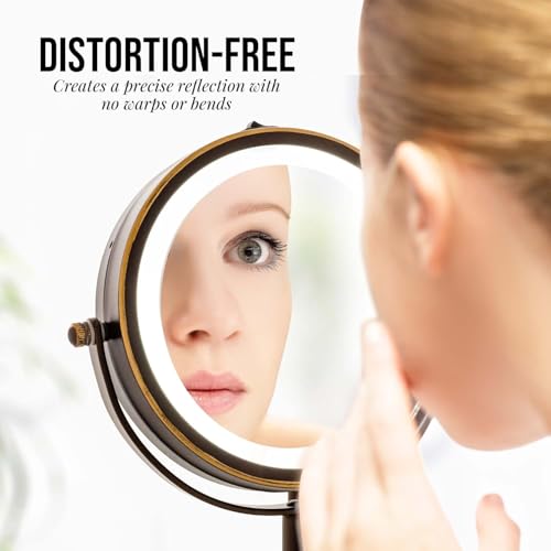 OVENTE 6" Lighted Makeup Mirror with 1X/7X Magnification, Cordless Tabletop Mount Vanity Round Mirror with 360¡Æ Swivel Design and Double Sided Cool Tone LED Ring Light, Antique Bronze MLT60ABZ1X7X