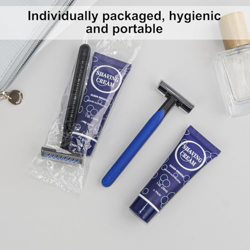 Shaving Razor Set, Disposable Individually Wrapped Manual Twin Blade Razors in Bulk Smooth Shaving Razors with Mini Shaving Cream Toiletries for Hotel Charity Camping Travel Homeless 1oz (Pack of 30)