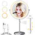 9in Vanity Mirror with Lights, Rechargeable 5000mAh Lighted Makeup Mirror, 1X/20X Double Sided Magnifying Mirror, 360¡Æ Rotate, 3 Color Lights, Up to 3800lux with 60 LEDs, Brightness Adjustable,Silvery