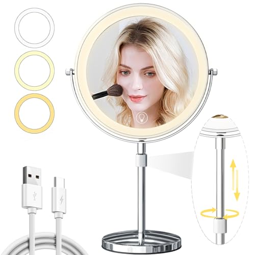 9in Vanity Mirror with Lights, Rechargeable 5000mAh Lighted Makeup Mirror, 1X/20X Double Sided Magnifying Mirror, 360¡Æ Rotate, 3 Color Lights, Up to 3800lux with 60 LEDs, Brightness Adjustable,Silvery