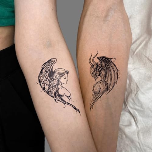 Semi Permanent Tattoo, 2 Sheets Realistic Temporary Tattoos for Women Men Adult, Lasts 2 Weeks Fake Tattoos for Arm Wrist, Waterproof and Non-Reflective, Angel & Demon Designs Couple Tattoos