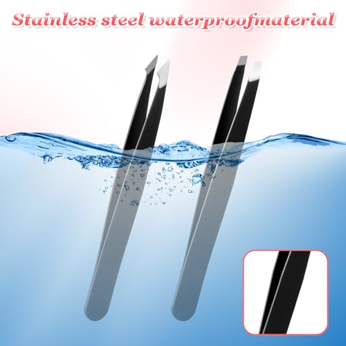 12 Pcs Eyebrow Tweezers Bulk, Stainless Steel Tweezers for Eyebrows Slanted Tip Precision Tweezer for Facial Hair Ingrown Hair Blackhead Splinter Removal and Lash Extension for Men Women (Black)