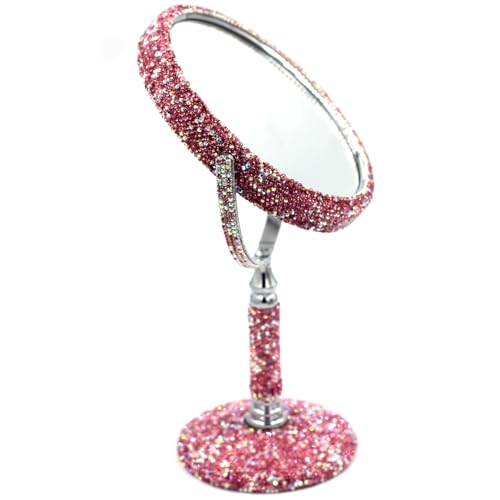 Bling Rhinestone Double-Sided Tabletop Makeup Mirror, Round Metal Makeup Mirror with 1:2 Magnifying Mirror, Rotating Mirror (Pink)