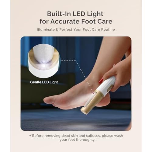 MelodySusie Electric Callus Remover for Feet, PC800G IPX7 Waterproof Rechargeable Pedicure Tool with LED Light & 3 Grits Roller Heads & Adjustable Speeds, for Dead Skin & Cracked Heel, White Gold