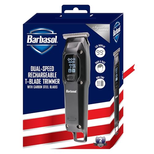 Barbasol T-Blade Trimmer, Rechargeable Hair and Beard Trimmer for Men, Dual Speed Hair Trimmer with 6 Clipper Guide Combs, LED Display, Clipper Oil, Brush, & Travel Bag