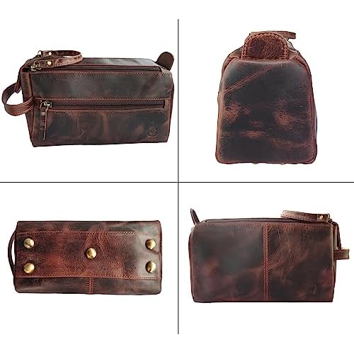 Leather Wash Bag for Men - Travel Toiletry Bag - Shaving Dopp Kit Toiletries Organizer - Leather Makeup Bag for Women