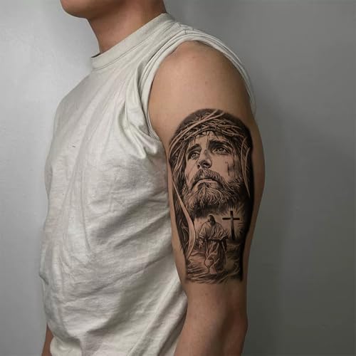 2 Sheets Temporary Tattoos Stickers Jesus Cross Religion Old School Designs For Men Waterproof Arm Leg Fake Body Art, Gym & Parties Bold Masculine Decals