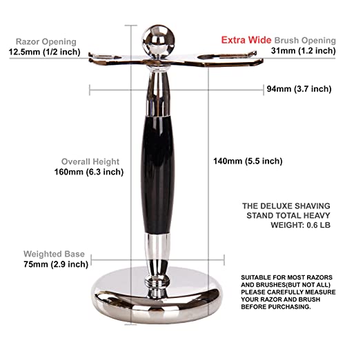 SANWA Deluxe Stainless Steel Shaving Brush Stand Holder for Razor & Brush - Extra Wide Openings, Weighted Base Black Handle