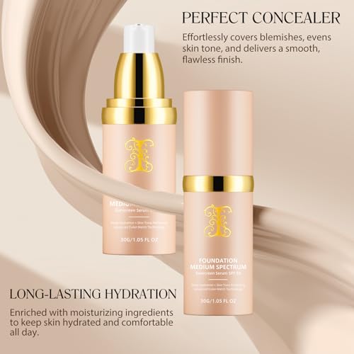 2 PCS Foundation 4 in 1 - Medium Spectrum with SPF 50+, Hydrating Color Changing Foundation£¬ Longwearing & Waterproof, Light Spectrum for Gym, Sport, Dancing(30ml)