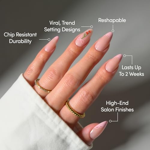 Glamnetic Press On Nails - Cherry Bow | Medium Almond Fake Nails with Pink French Tips, Lace Trim & 3D Cherry Accents in Glossy Finish, Salon Quality | 15 Sizes - 30 Nail Kit with Glue