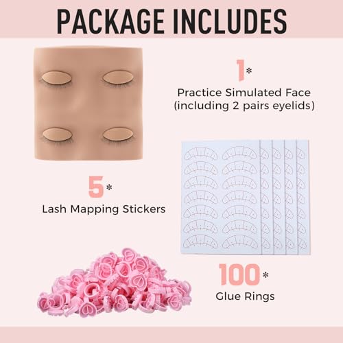 Pretty memory Lash Practice Kit with Mannequin Head, 100 Pcs Glue Rings for Eyelash Extension, 35 Pairs of Lash Mapping Stickers, Eyelash Extension Supplies for Practice