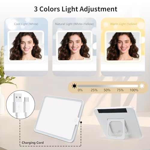 Travel Makeup Bag with LED Mirror 3 Color Modes,10.2-in White Vegan Leather Makeup Organizer Bag with Adjustable EVA Dividers and Independent Brush Panel