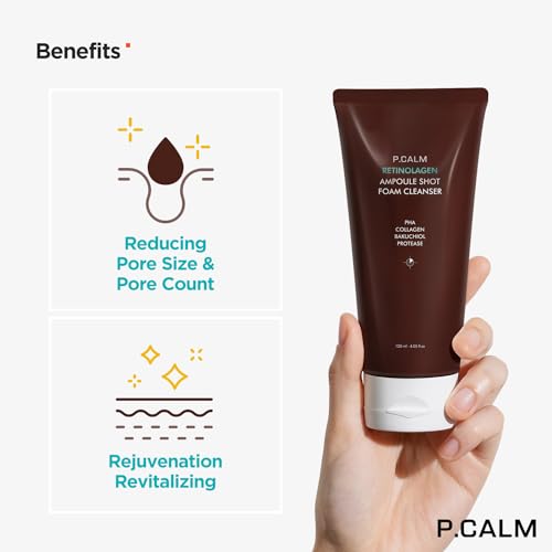 P.CALM Retinolagen Ampoule Shot Foam Cleanser ? Retinol, Vegan Hydrolyzed Collagen & PHA for Pore Cleansing & Gentle Exfoliation, Korean Glass Skin (120ml / 4.05 fl.oz)