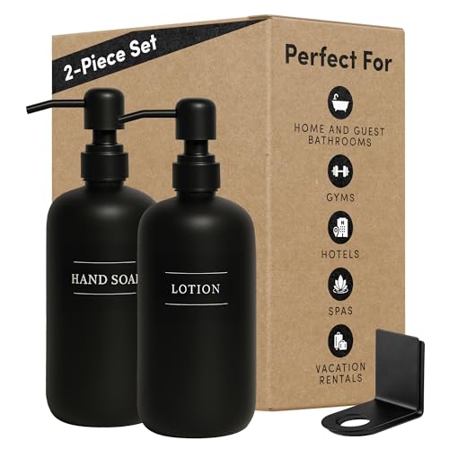 Black Plastic Bottle | Refillable Wall Mount Liquid Soap Dispenser with No Drill Brackets | 16 oz Hand Soap and Lotion for Every Bathroom | Two Bottles
