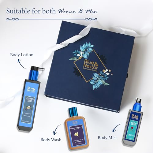 Premium Ayurvedic Beauty Gift Set for Women & Men | Blue Nectar Vanilla Lotion, Body Wash & Scrub & Body Mist with Herbal Ingredients | Ideal Gift for Mom,Dad, Girlfriend & Coworkers