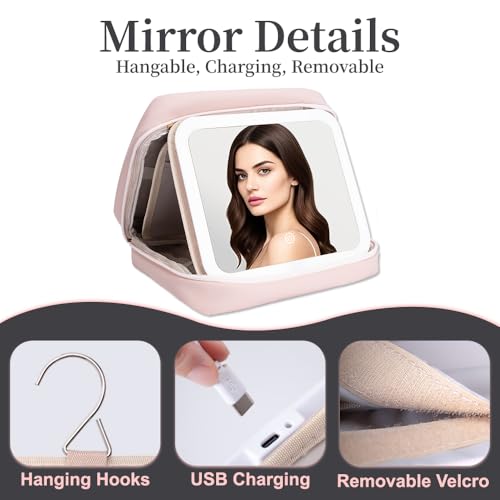 Glint&Glide Travel Makeup Bag with LED Lighted Detachable Mirror, Tri-light Dimmable - Hanging Multi-Compartment Organizer for Women, Portable Cosmetic Case with Four Divided Storage, Pink