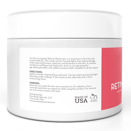 Pure Body Naturals Retinol Moisturizer, 1.7 Ounces - Moisturizing Retinol Cream for Face, Age Defying Eye Cream for Wrinkles and Lines with Hyaluronic Acid, Shea Butter, and Jojoba Oil