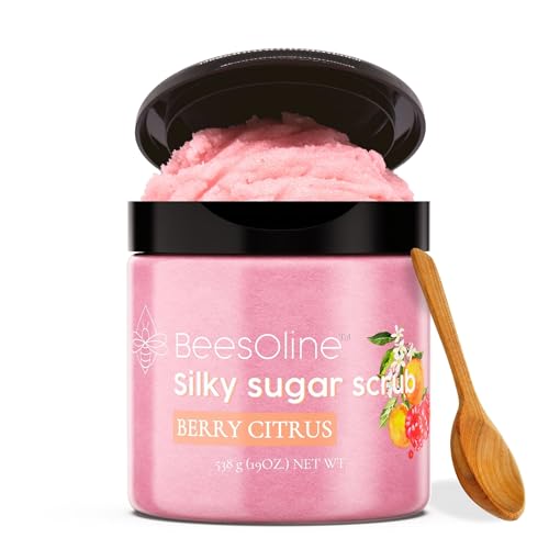 Sugar Scrub by BeesOline - Premium Fine Cane Sugar | Berry Citrus Scented - Extra Large 20oz, Convienent Flip-Top Lid, Organic Sunflower Oil & COCONUT OIL for Smooth Gentle Exfoliation