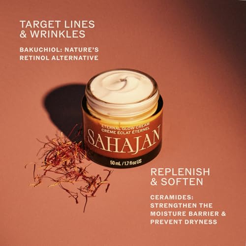 Sahajan Eternal Glow Cream with Vitamin C, Bakuchiol, Ceramides + Saffron | Clinically-Proven Clean Ayurvedic Lightweight Moisturizer | Moisture Barrier, Fine Lines & Wrinkles | 1.7 oz