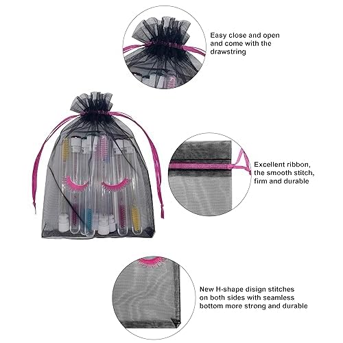 Jexila 100 Pack Lash Bags for Clients Eyelash Aftercare Black Mesh Bags Drawstring 5''X7'' Small Cosmetic Makeup Beauty Gift Bag for Women Supplies (5 x 7 Inch, Black Plus Rose)