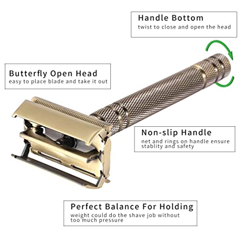 Double Edge Safety Razors,Classic Men Shaving Butterfly Open Razor - Bronze Long Handle Women Razors With 5 Blades,Reusable Metal Brass Manual Shaver Close Comb
